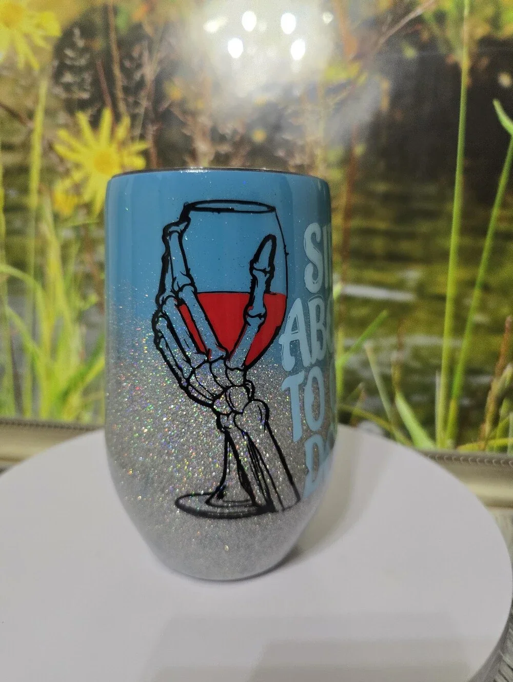 Handmade 16oz Wine Tumbler Blue Silver Glitter Skeleton Halloween Drinkware